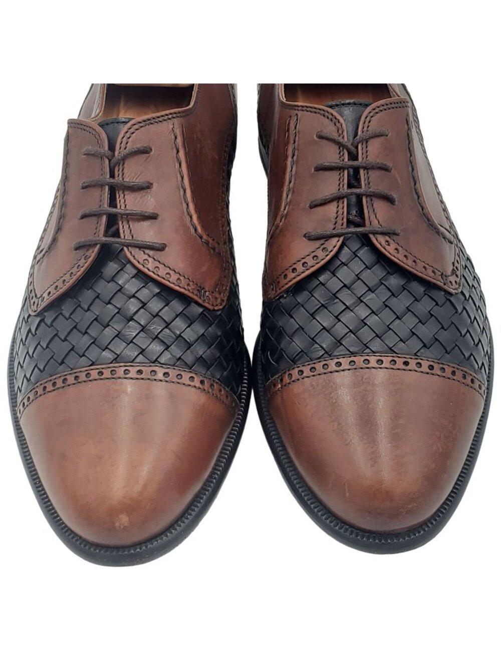 Vintage Bally Italy Mens 7 Dress Shoes Black Brown Woven Leather Cap-toe Oxfords